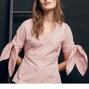 Universal Standard for J. Crew Top Striped Red White Zip Tie 3/4 Sleeve Sz L